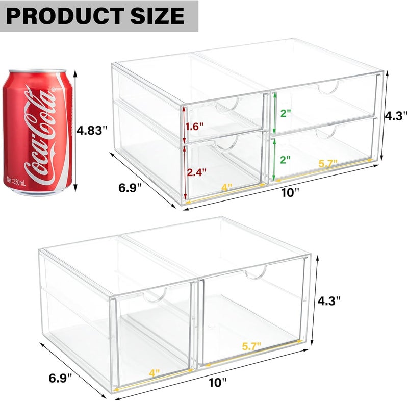 Prsildan Acrylic Drawer Makeup Organizer with 6 Drawers (Not for Baby Bottle), Set of 2 Office Desk Organizers Accessories, Clear Stackable Storage Drawers for Vanity, Craft (Largest Drawer 4" Tall) - Image 3